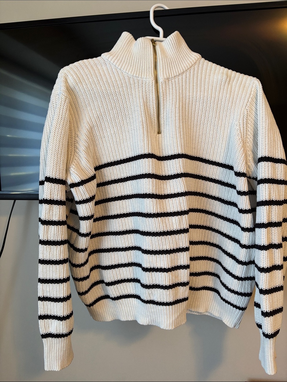 Striped White Half‑Zip mockneck Sweater with Black Stripes